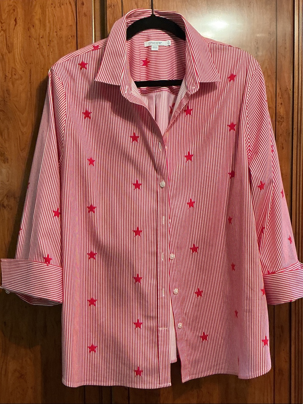 Chico's Red and White Striped Button-Down with Red Star Accents